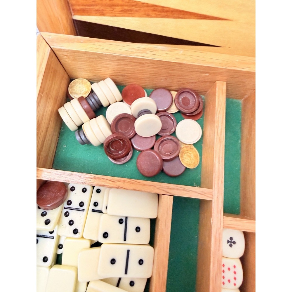 Vintage Wooden 5-in-1 Combo Game Set Chess Backgammon Cribbage Dominoes Checkers - Picture 8 of 12
